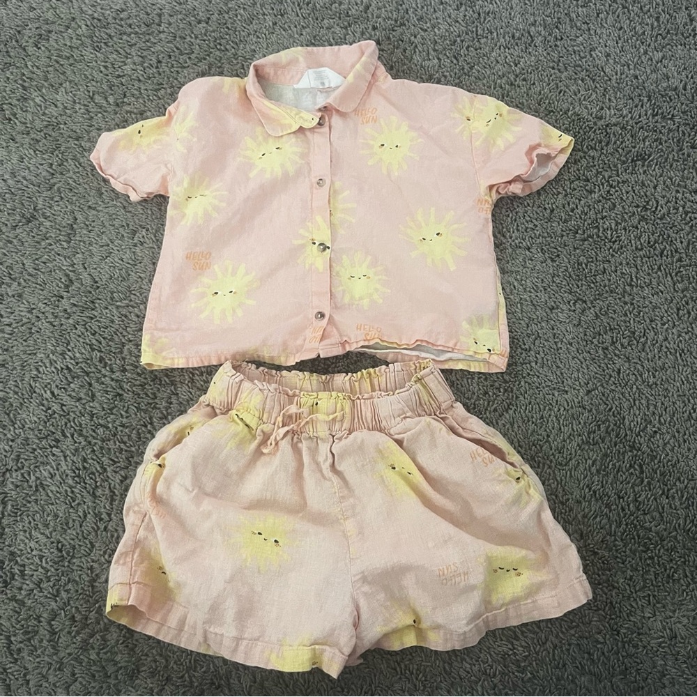 H&M Pink Sun Print Button-Up Top & Shorts Set Size 8